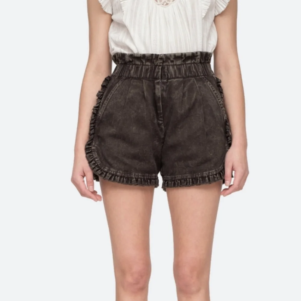 Sea New York Idun High Waisted Acid Wash Ruffle Denim Shorts Gray
